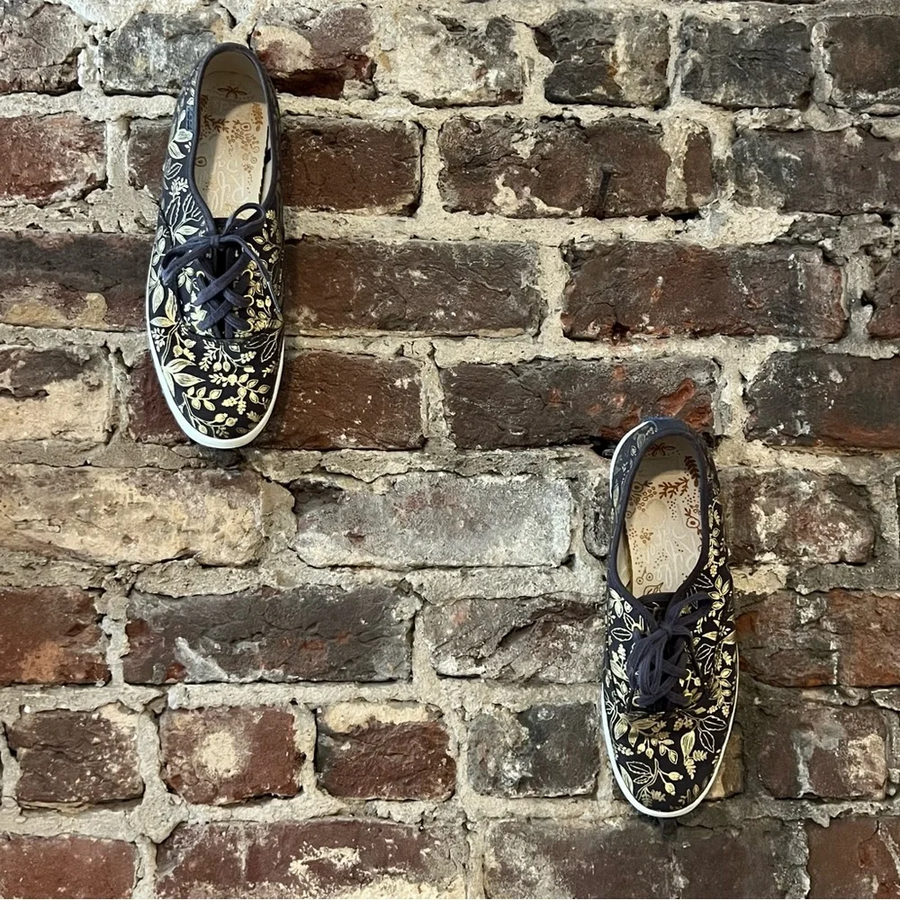Keds X Rifle Paper Co. Black with Metallic Gold Floral Print shoes - Picture 3 of 7
